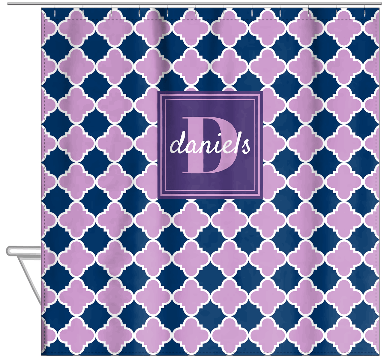 Personalized Quatrefoil Shower Curtain - Lilac and Navy - Square Nameplate - Hanging View