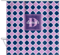 Thumbnail for Personalized Quatrefoil Shower Curtain - Lilac and Navy - Square Nameplate - Hanging View