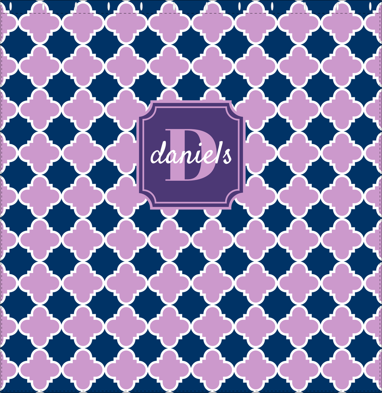 Personalized Quatrefoil Shower Curtain - Lilac and Navy - Stamp Nameplate - Decorate View