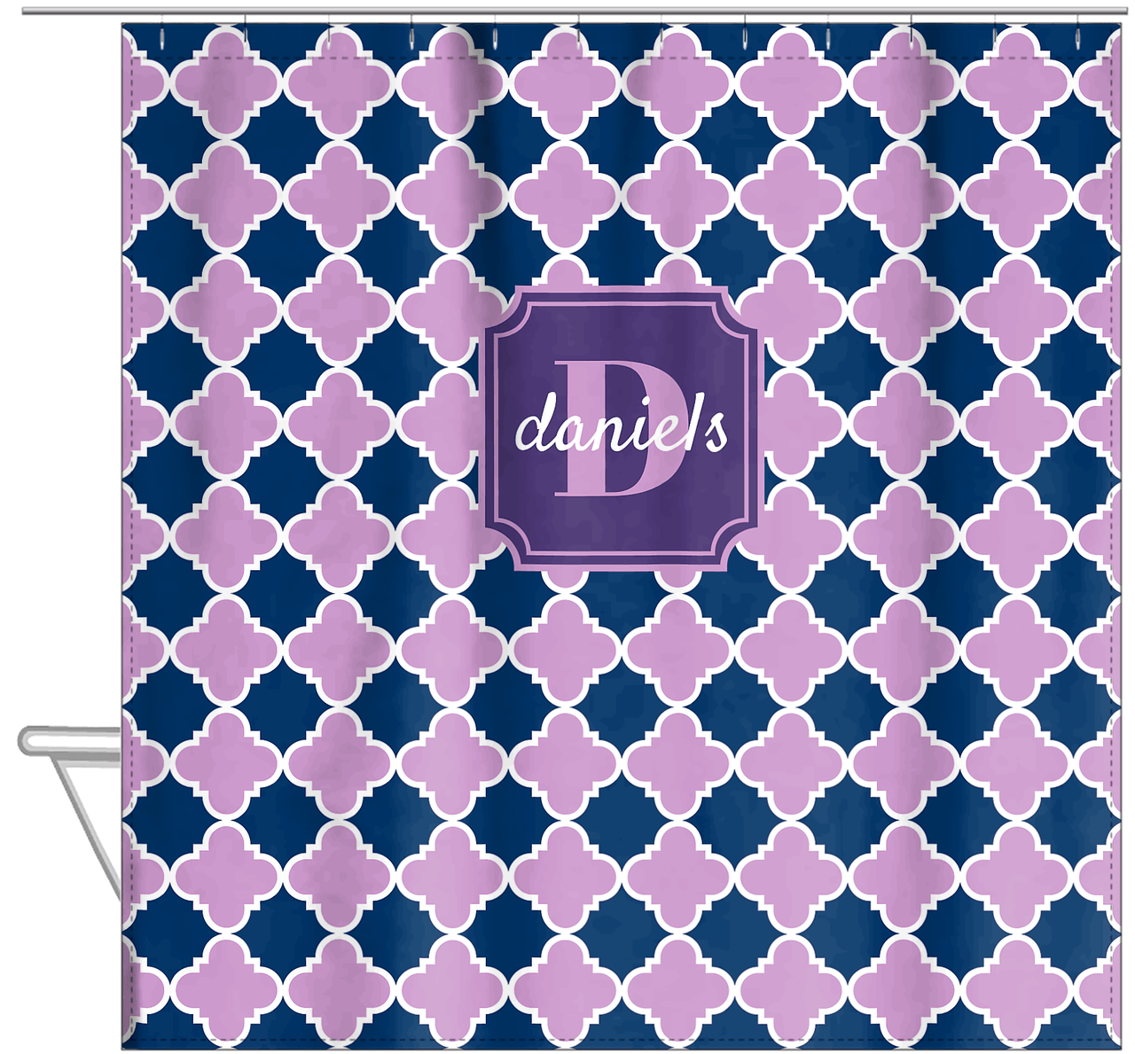 Personalized Quatrefoil Shower Curtain - Lilac and Navy - Stamp Nameplate - Hanging View