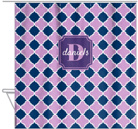 Thumbnail for Personalized Quatrefoil Shower Curtain - Lilac and Navy - Stamp Nameplate - Hanging View
