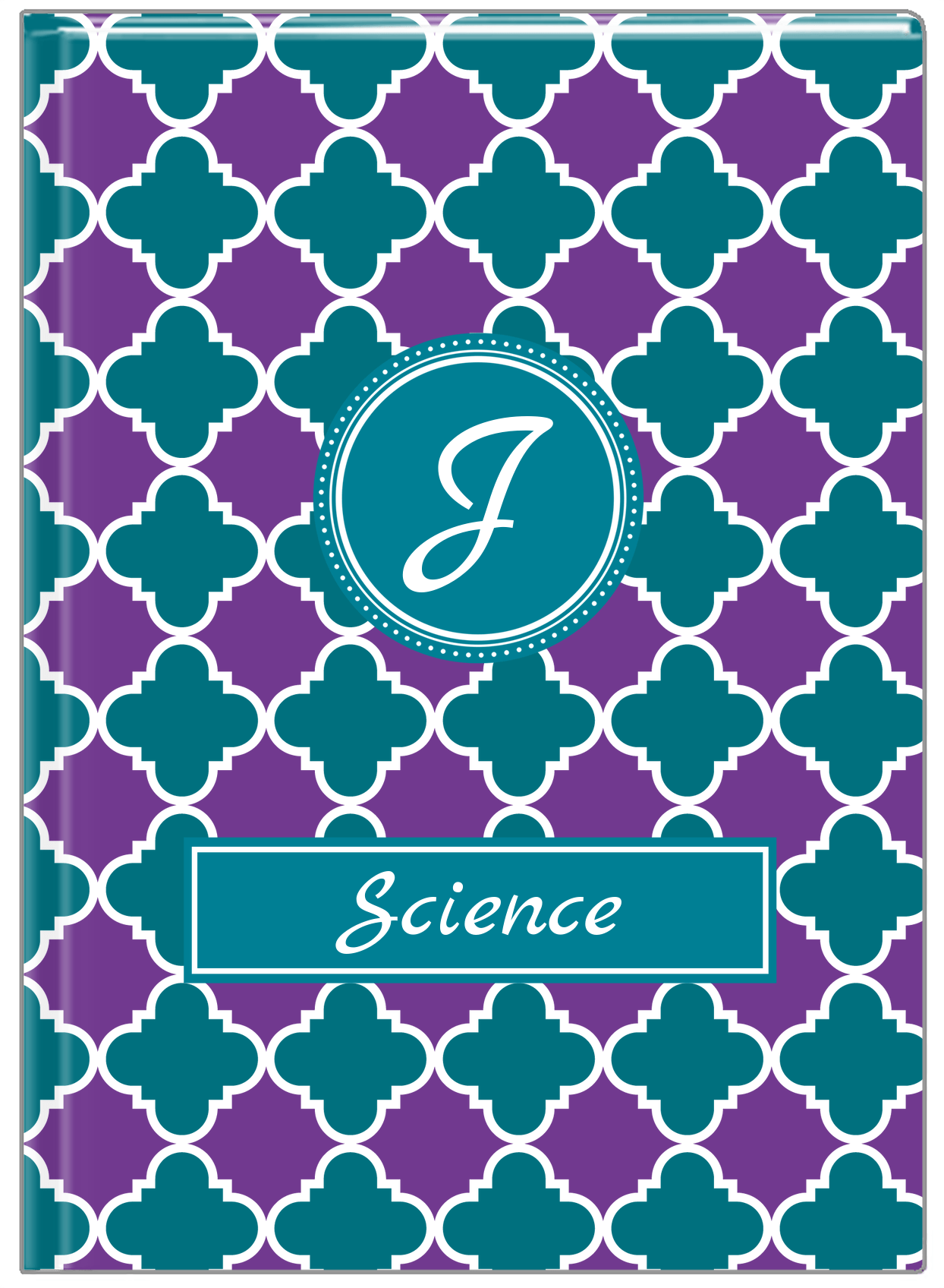 Personalized Quatrefoil Journal - Purple and Teal - Circle Nameplate - Front View