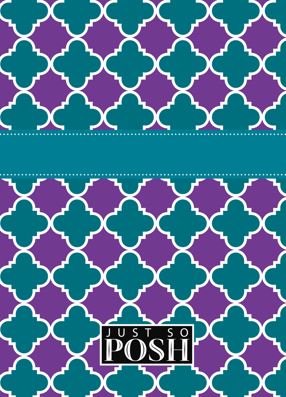 Personalized Quatrefoil Journal - Purple and Teal - Circle Ribbon Nameplate - Back View