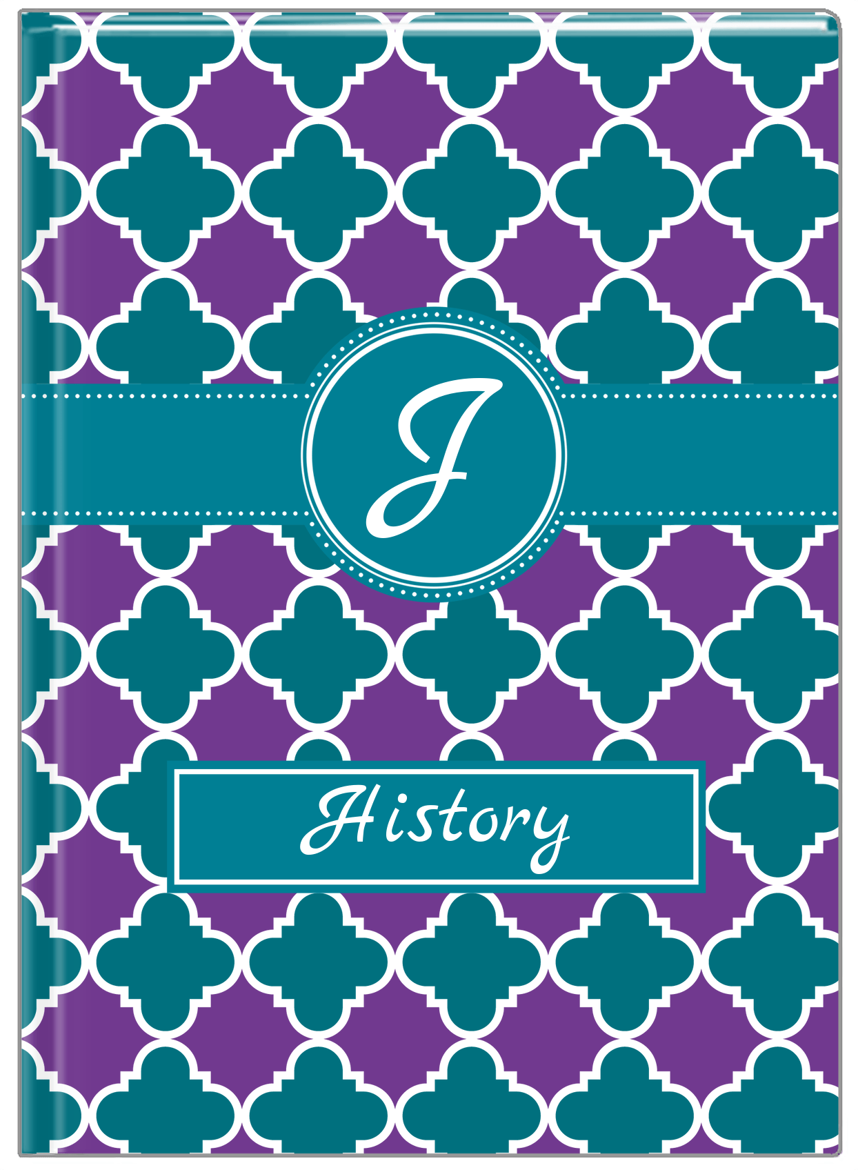 Personalized Quatrefoil Journal - Purple and Teal - Circle Ribbon Nameplate - Front View