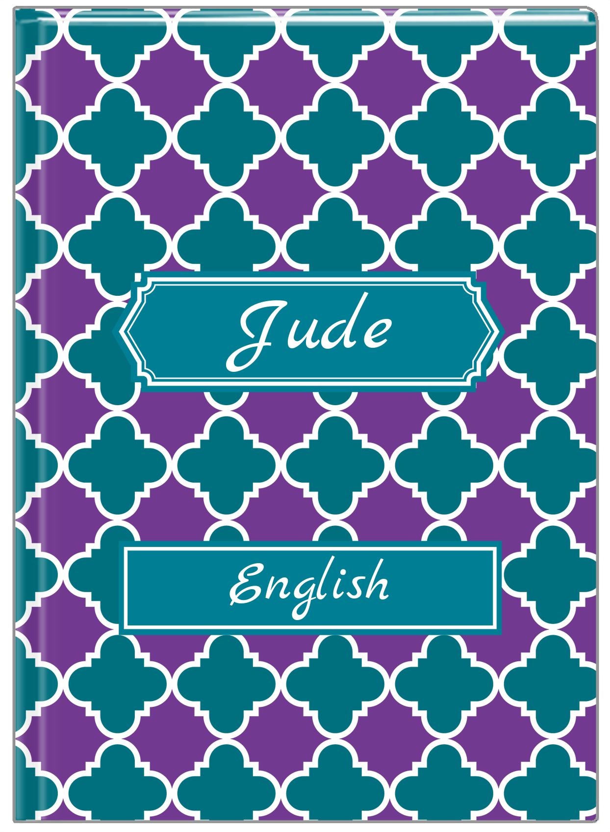 Personalized Quatrefoil Journal - Purple and Teal - Decorative Rectangle Nameplate - Front View