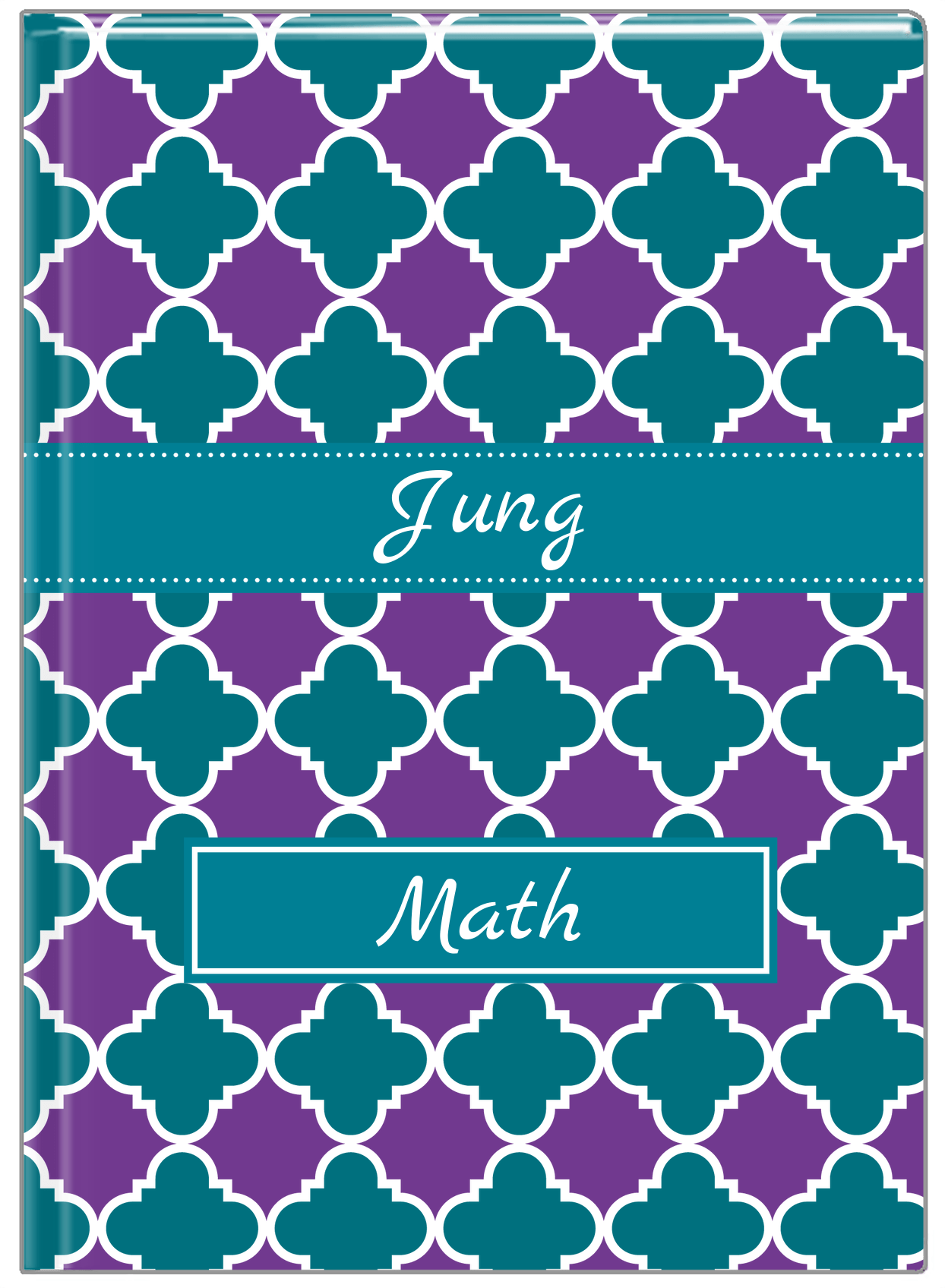 Personalized Quatrefoil Journal - Purple and Teal - Ribbon Nameplate - Front View