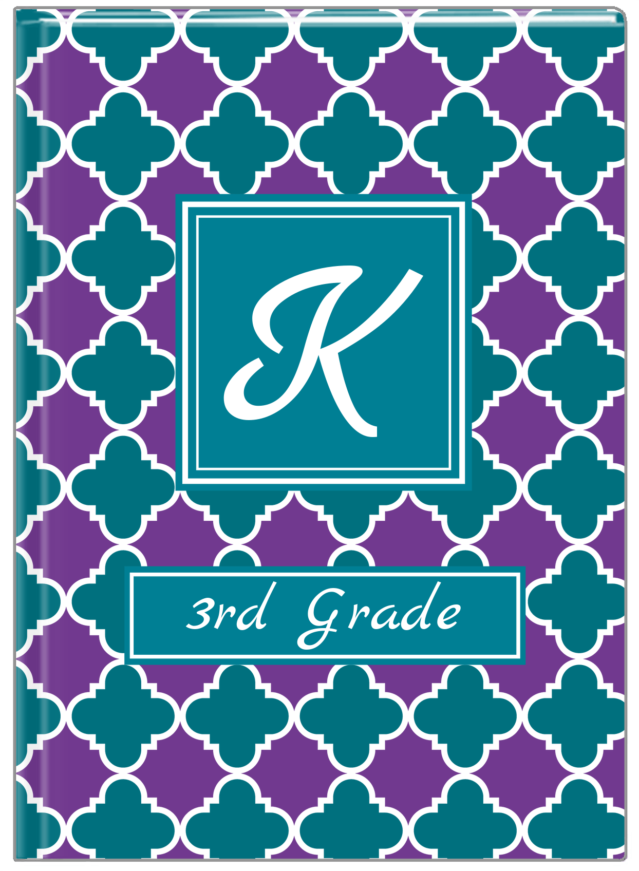 Personalized Quatrefoil Journal - Purple and Teal - Square Nameplate - Front View