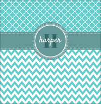 Thumbnail for Personalized Quatrefoil and Chevron I Shower Curtain - Teal and White - Circle Nameplate - Decorate View