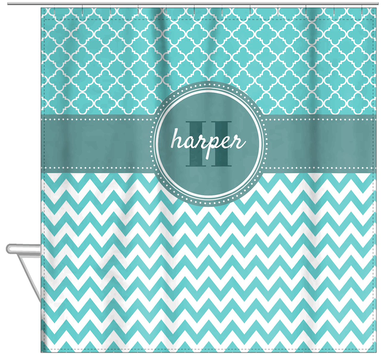 Personalized Quatrefoil and Chevron I Shower Curtain - Teal and White - Circle Nameplate - Hanging View