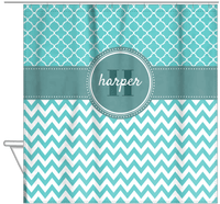 Thumbnail for Personalized Quatrefoil and Chevron I Shower Curtain - Teal and White - Circle Nameplate - Hanging View