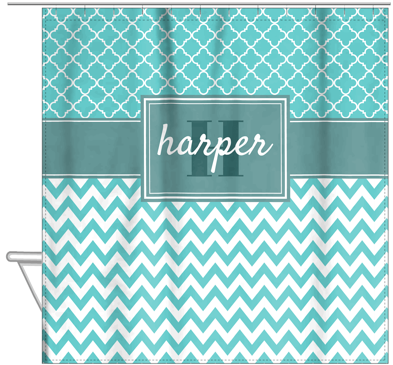 Personalized Quatrefoil and Chevron I Shower Curtain - Teal and White - Rectangle Nameplate - Hanging View