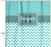 Thumbnail for Personalized Quatrefoil and Chevron I Shower Curtain - Teal and White - Rectangle Nameplate - Hanging View