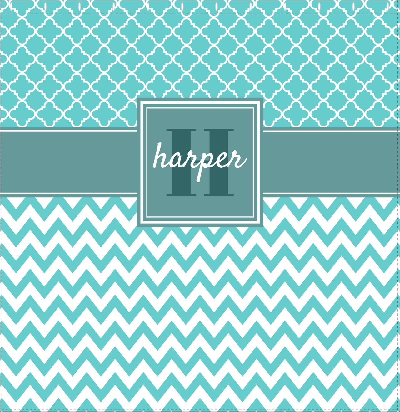 Personalized Quatrefoil and Chevron I Shower Curtain - Teal and White - Square Nameplate - Decorate View