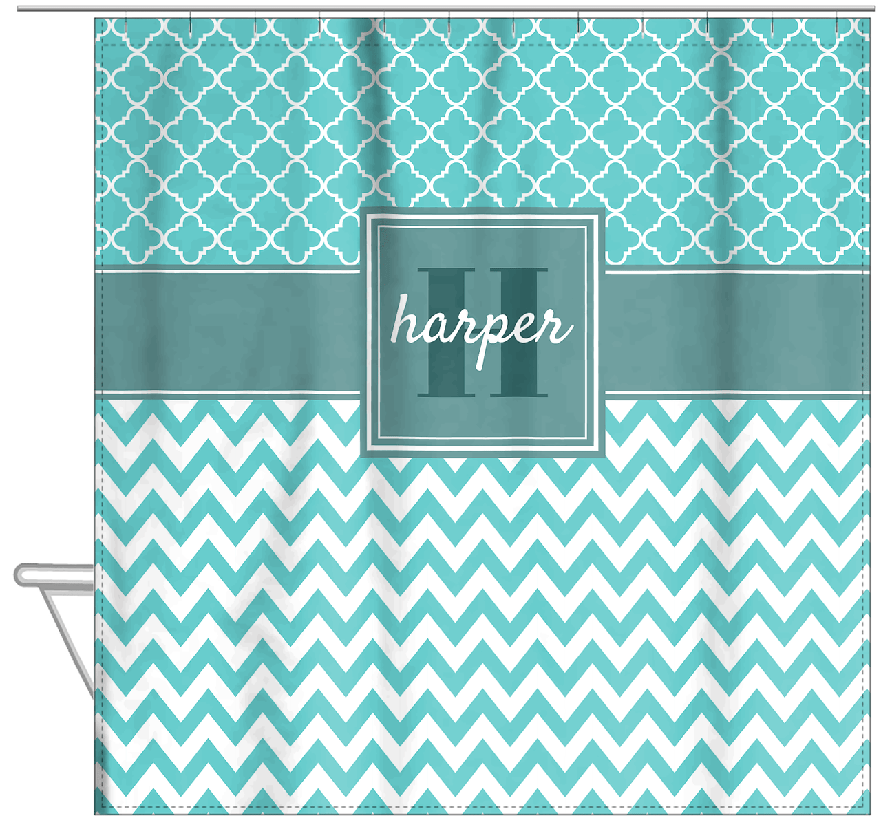 Personalized Quatrefoil and Chevron I Shower Curtain - Teal and White - Square Nameplate - Hanging View