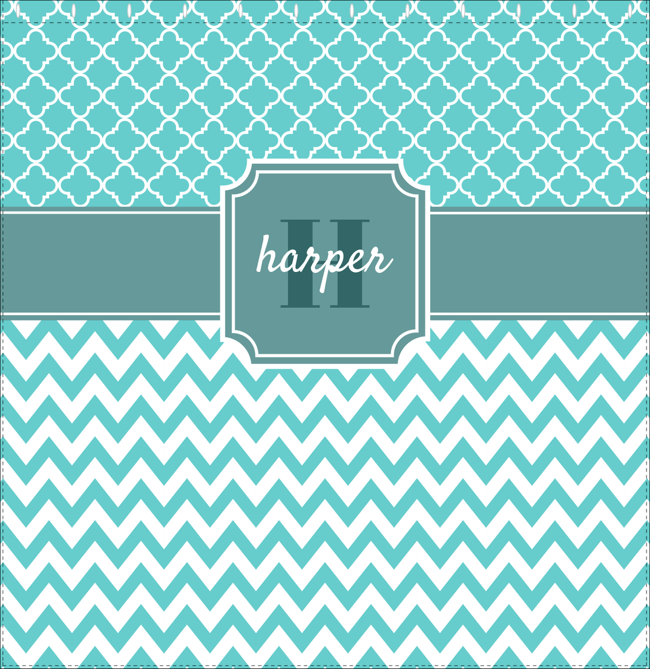 Personalized Quatrefoil and Chevron I Shower Curtain - Teal and White - Stamp Nameplate - Decorate View