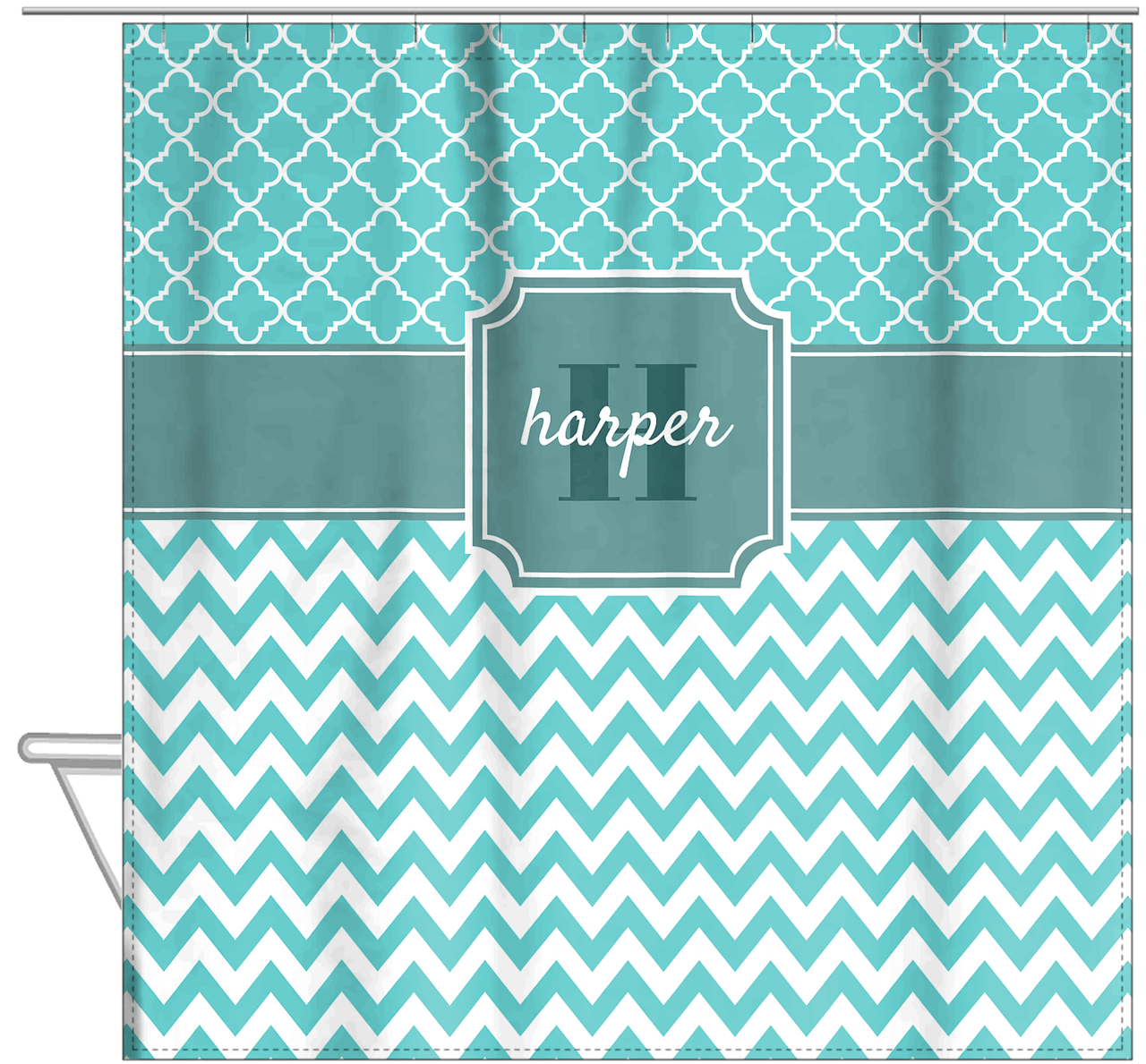 Personalized Quatrefoil and Chevron I Shower Curtain - Teal and White - Stamp Nameplate - Hanging View