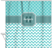 Thumbnail for Personalized Quatrefoil and Chevron I Shower Curtain - Teal and White - Stamp Nameplate - Hanging View