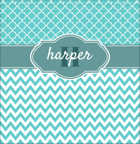 Thumbnail for Personalized Quatrefoil and Chevron I Shower Curtain - Teal and White - Fancy Nameplate - Decorate View