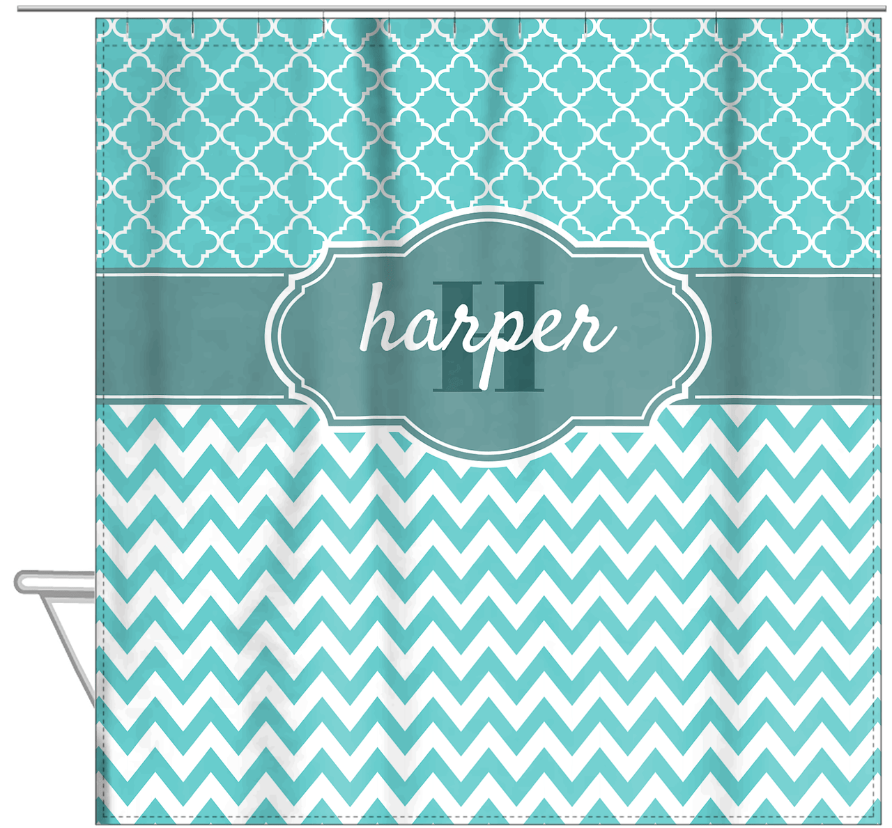 Personalized Quatrefoil and Chevron I Shower Curtain - Teal and White - Fancy Nameplate - Hanging View