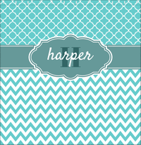 Thumbnail for Personalized Quatrefoil and Chevron I Shower Curtain - Teal and White - Fancy Nameplate II - Decorate View