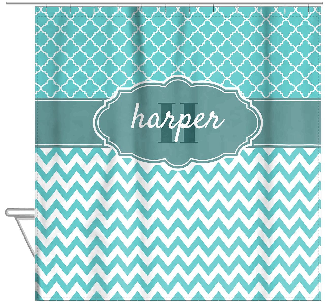 Personalized Quatrefoil and Chevron I Shower Curtain - Teal and White - Fancy Nameplate II - Hanging View