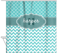 Thumbnail for Personalized Quatrefoil and Chevron I Shower Curtain - Teal and White - Fancy Nameplate II - Hanging View