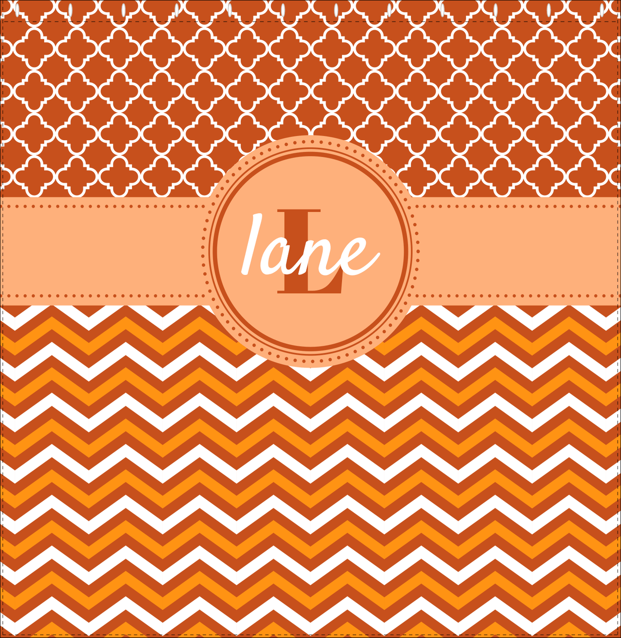 Personalized Quatrefoil and Chevron II Shower Curtain - Orange and White - Circle Nameplate - Decorate View