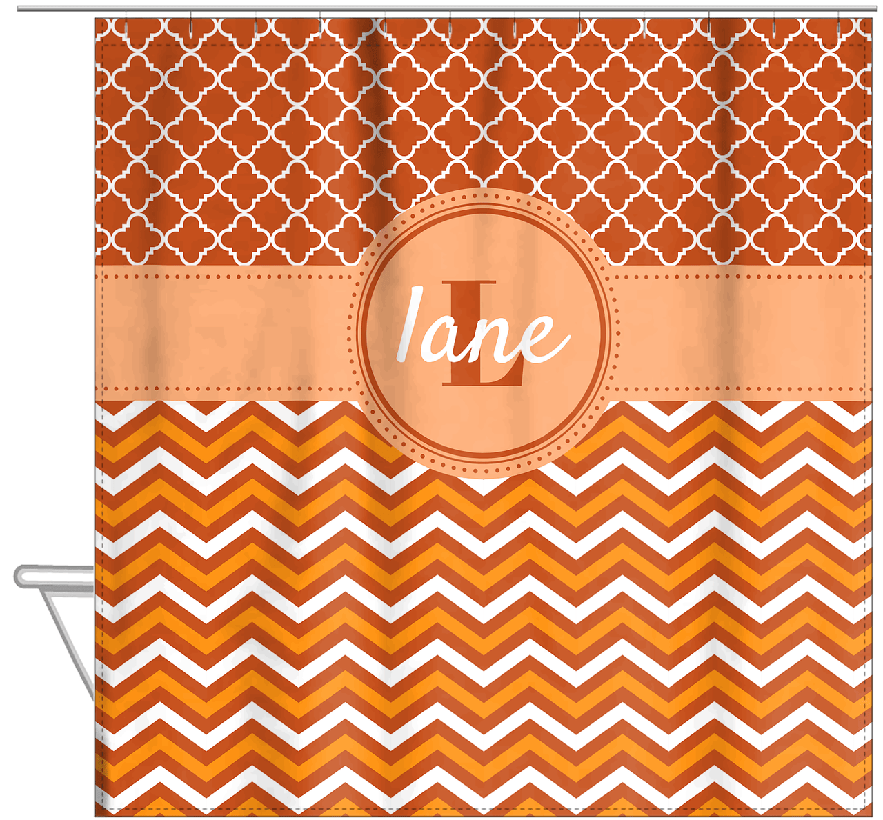 Personalized Quatrefoil and Chevron II Shower Curtain - Orange and White - Circle Nameplate - Hanging View