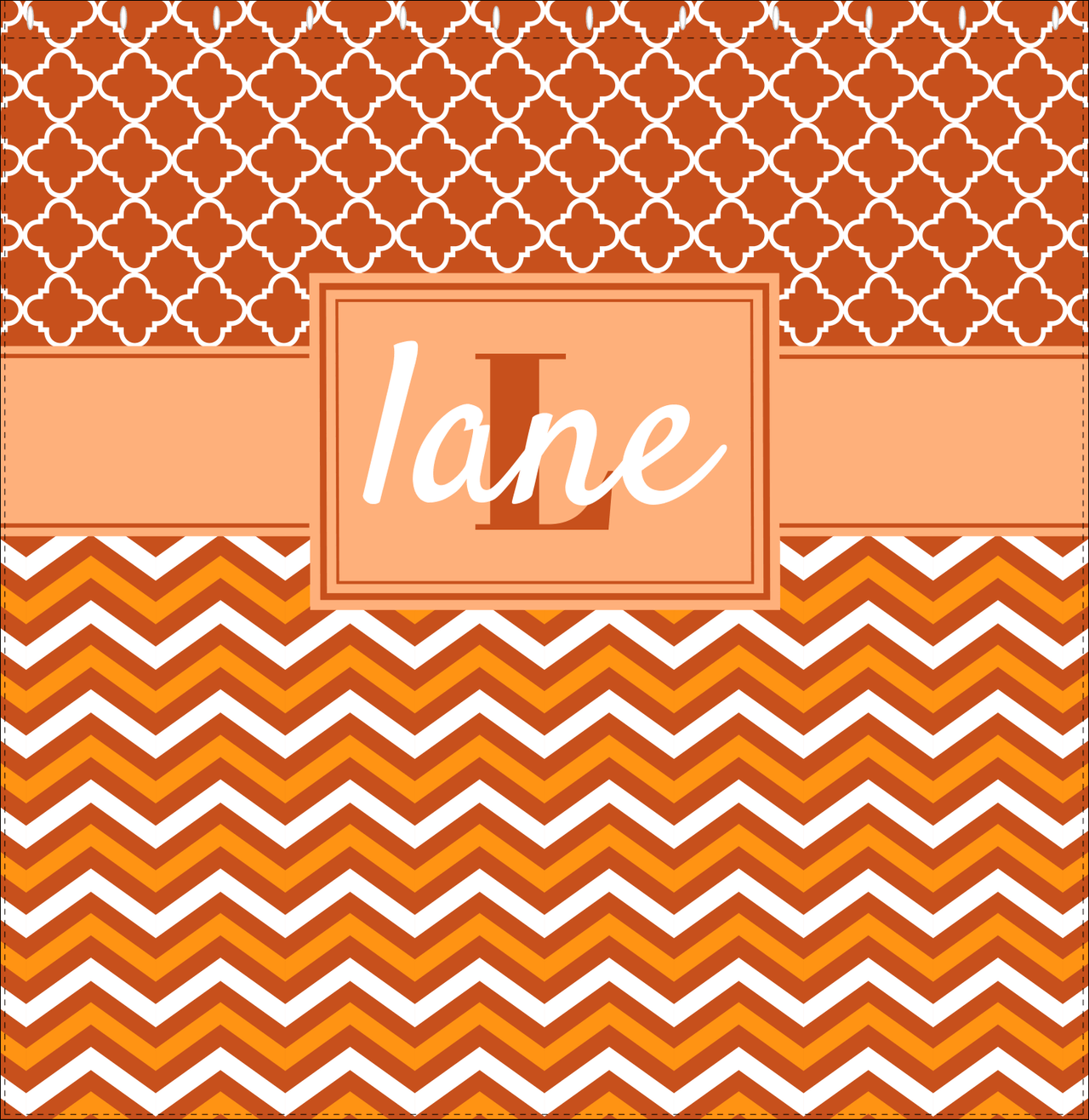 Personalized Quatrefoil and Chevron II Shower Curtain - Orange and White - Rectangle Nameplate - Decorate View