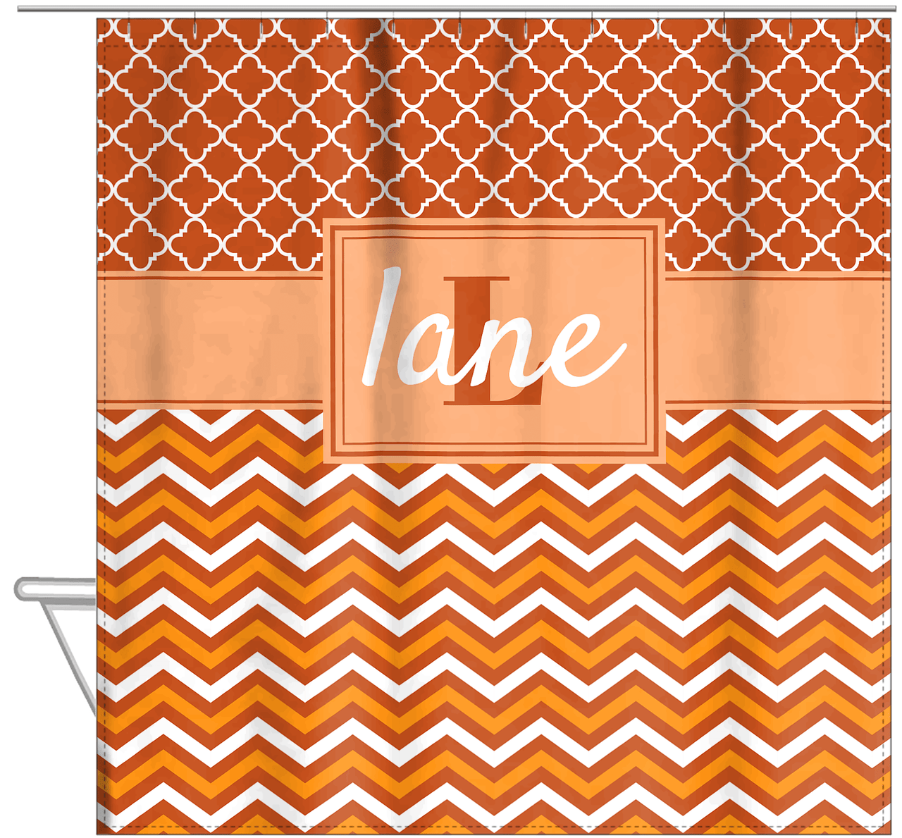 Personalized Quatrefoil and Chevron II Shower Curtain - Orange and White - Rectangle Nameplate - Hanging View