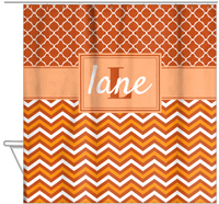 Thumbnail for Personalized Quatrefoil and Chevron II Shower Curtain - Orange and White - Rectangle Nameplate - Hanging View