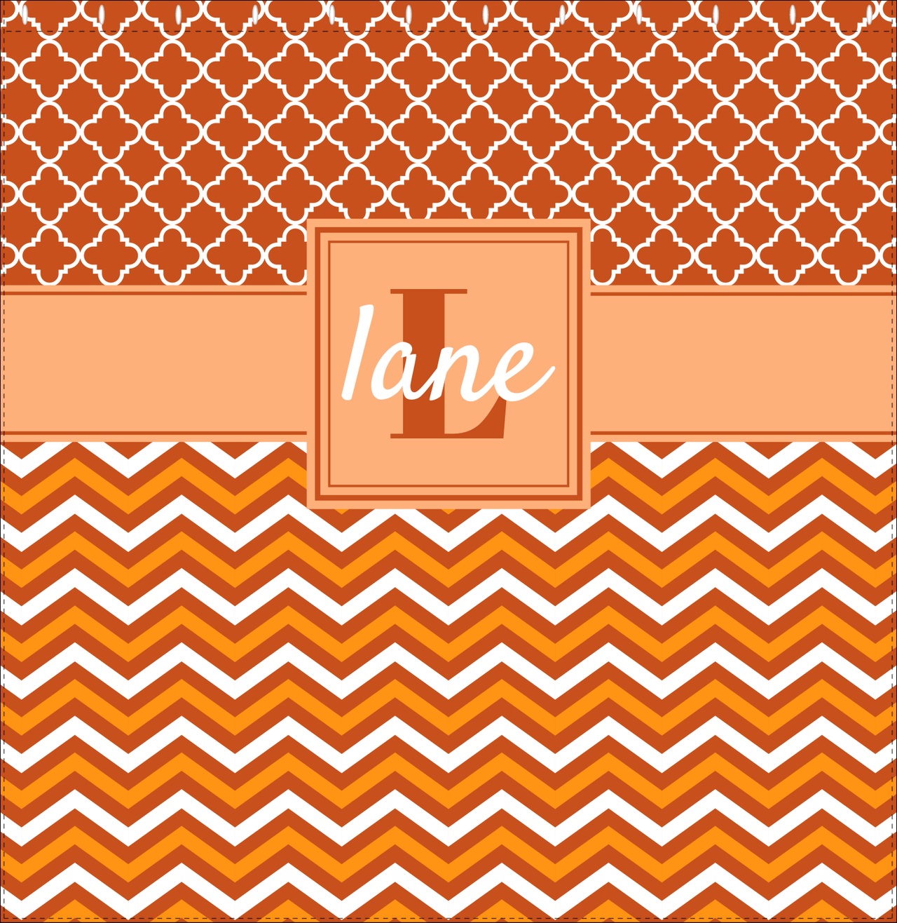 Personalized Quatrefoil and Chevron II Shower Curtain - Orange and White - Square Nameplate - Decorate View