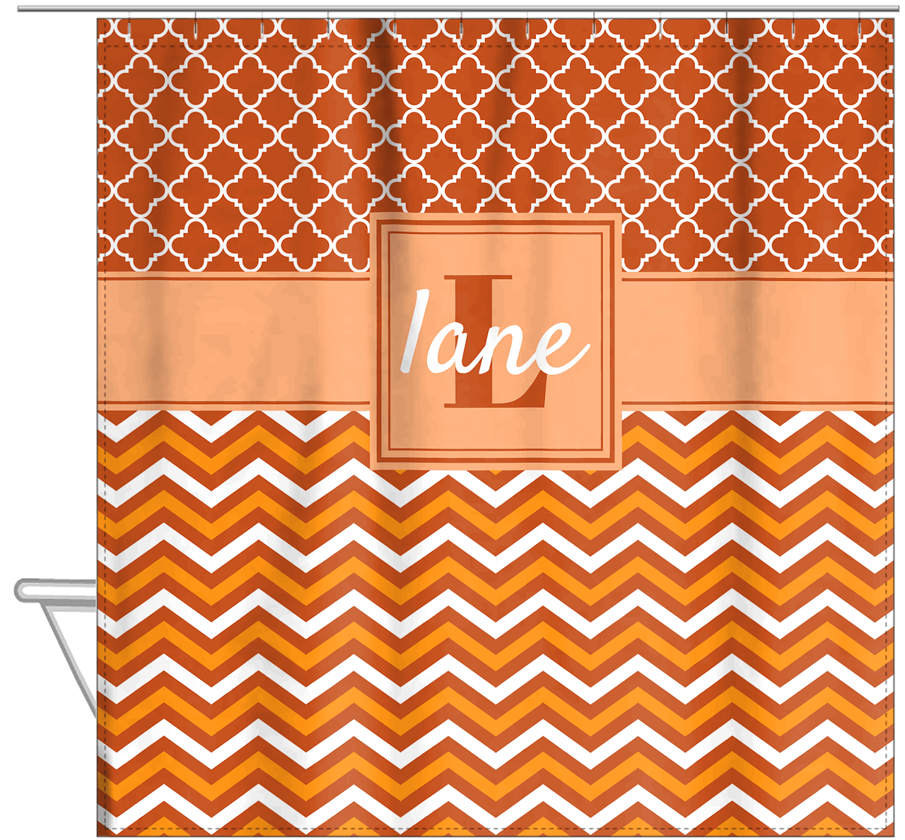 Personalized Quatrefoil and Chevron II Shower Curtain - Orange and White - Square Nameplate - Hanging View