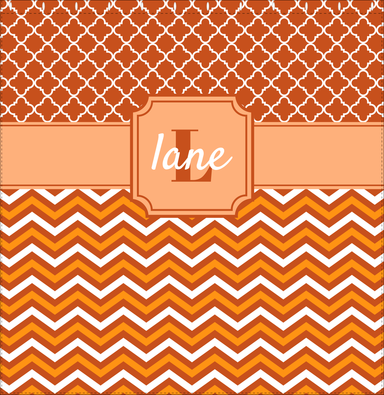 Personalized Quatrefoil and Chevron II Shower Curtain - Orange and White - Stamp Nameplate - Decorate View