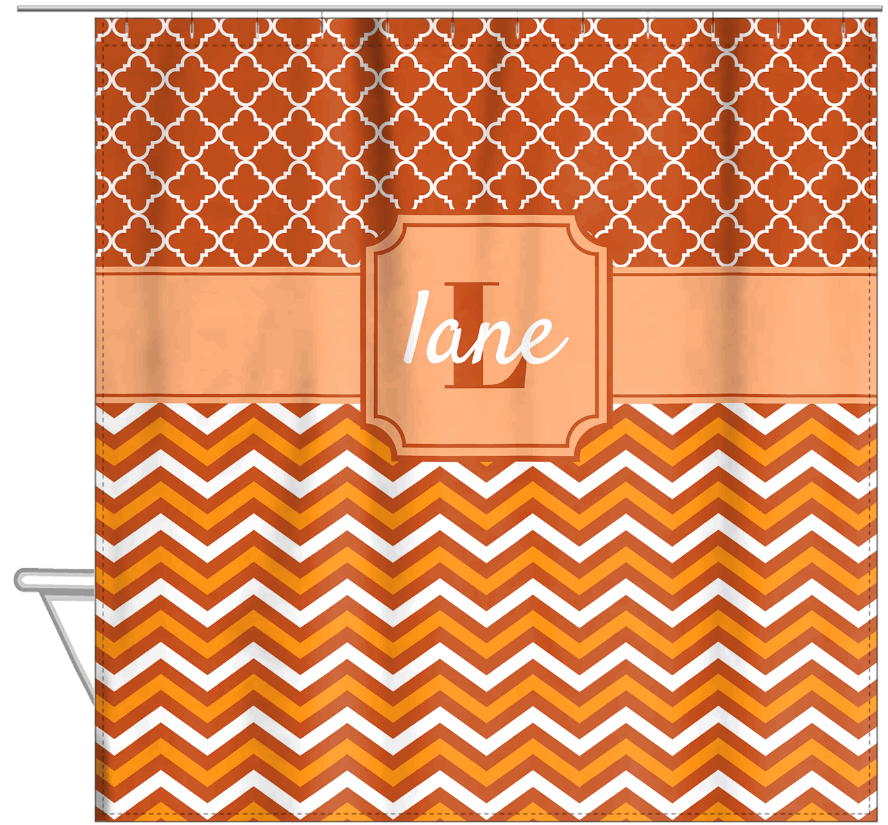 Personalized Quatrefoil and Chevron II Shower Curtain - Orange and White - Stamp Nameplate - Hanging View