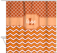 Thumbnail for Personalized Quatrefoil and Chevron II Shower Curtain - Orange and White - Stamp Nameplate - Hanging View
