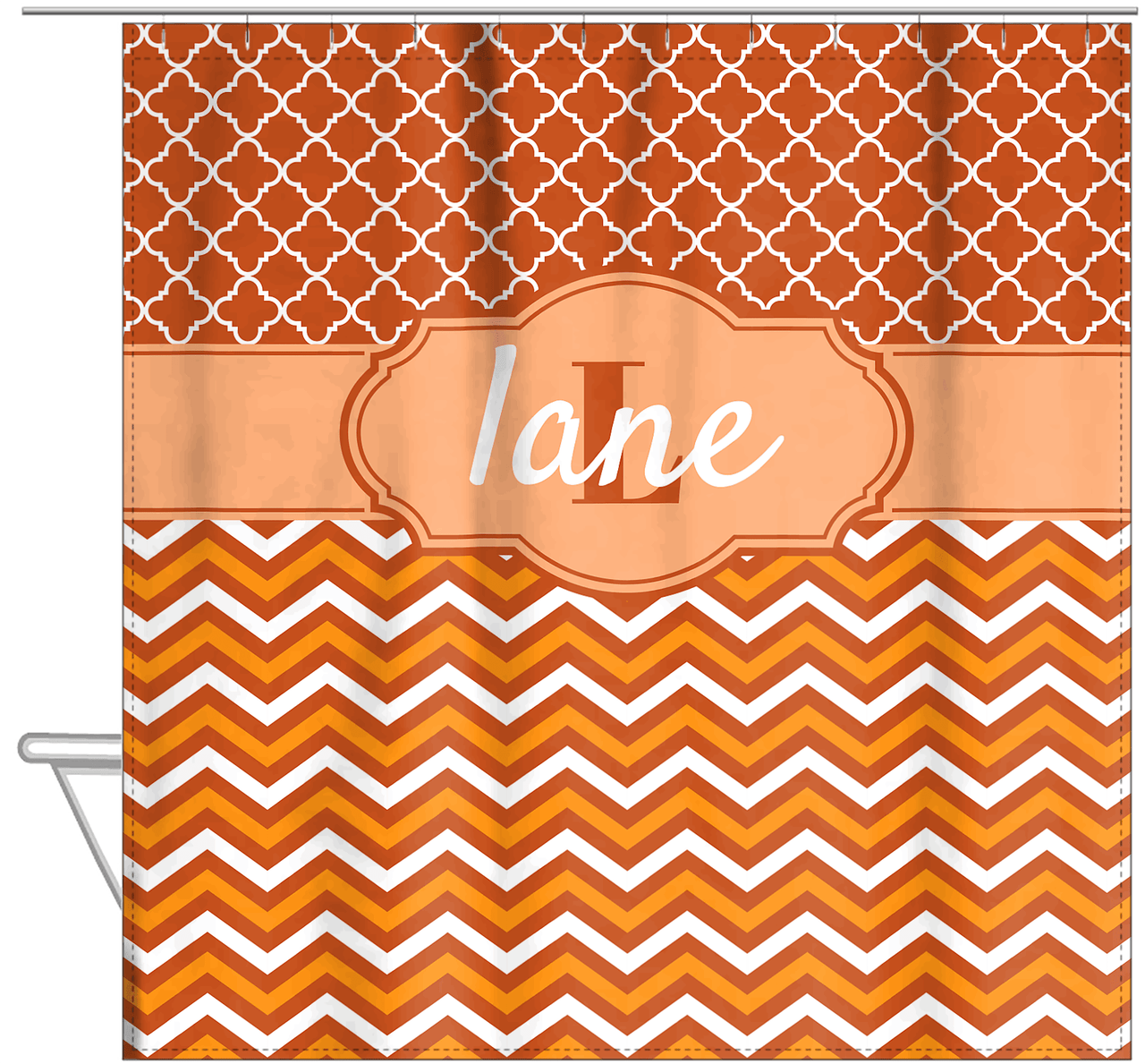 Personalized Quatrefoil and Chevron II Shower Curtain - Orange and White - Fancy Nameplate - Hanging View