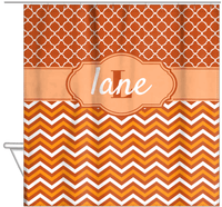 Thumbnail for Personalized Quatrefoil and Chevron II Shower Curtain - Orange and White - Fancy Nameplate - Hanging View