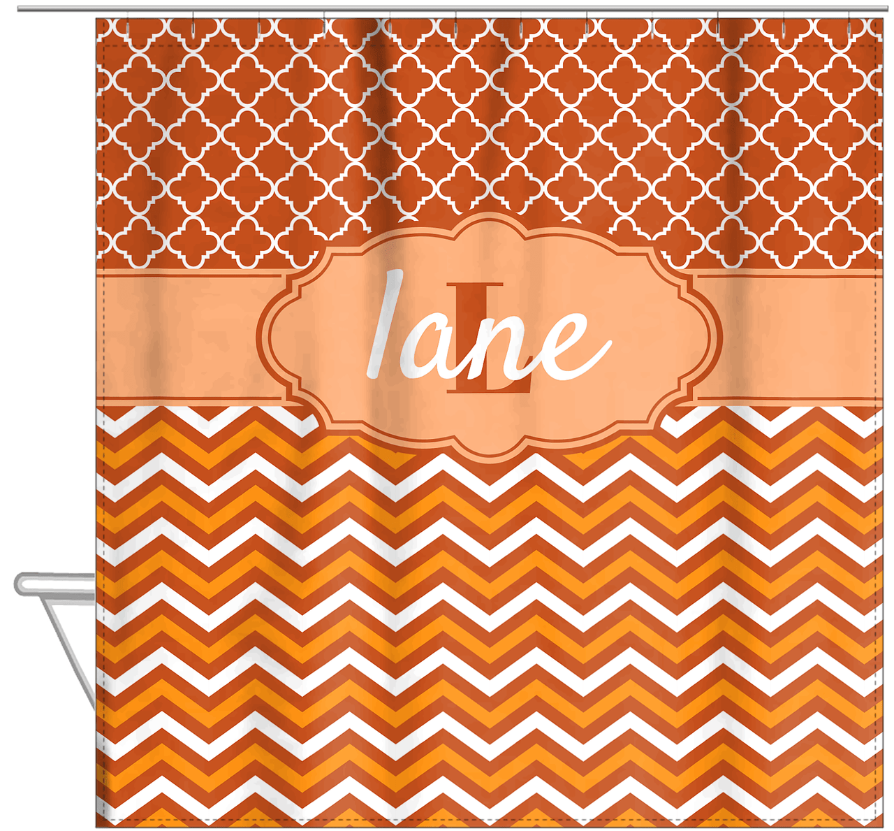 Personalized Quatrefoil and Chevron II Shower Curtain - Orange and White - Fancy Nameplate II - Hanging View
