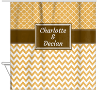 Thumbnail for Personalized Quatrefoil and Chevron III Shower Curtain - Gold and Brown - Rectangle Nameplate - Hanging View