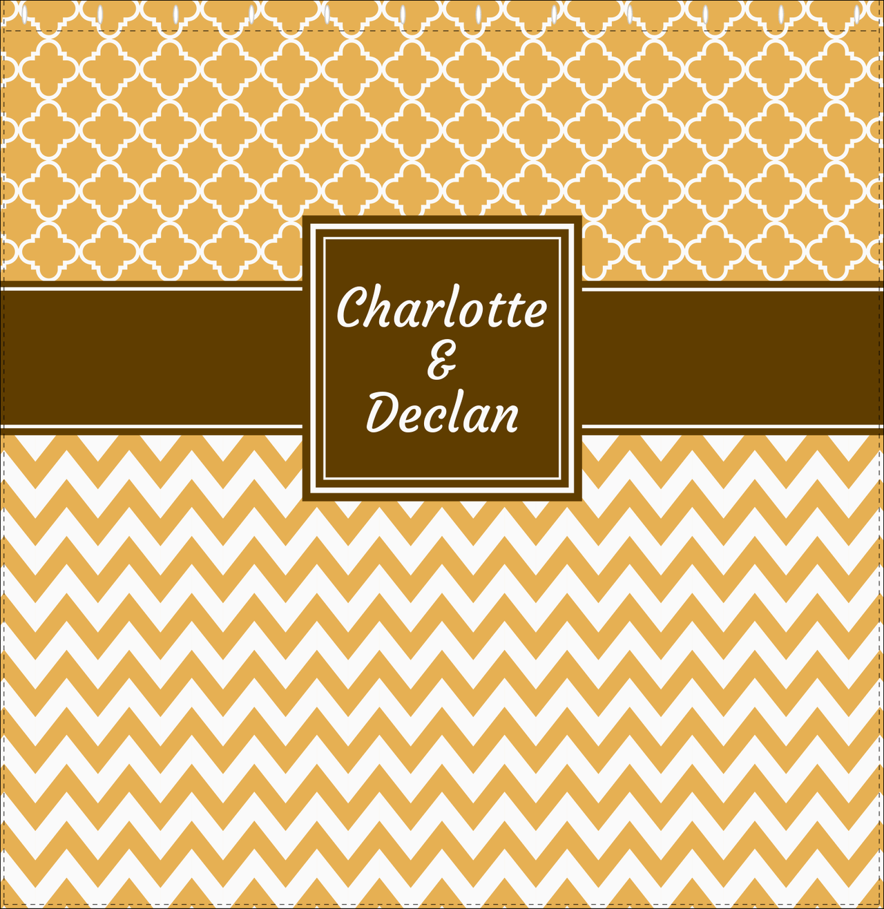 Personalized Quatrefoil and Chevron III Shower Curtain - Gold and Brown - Square Nameplate - Decorate View