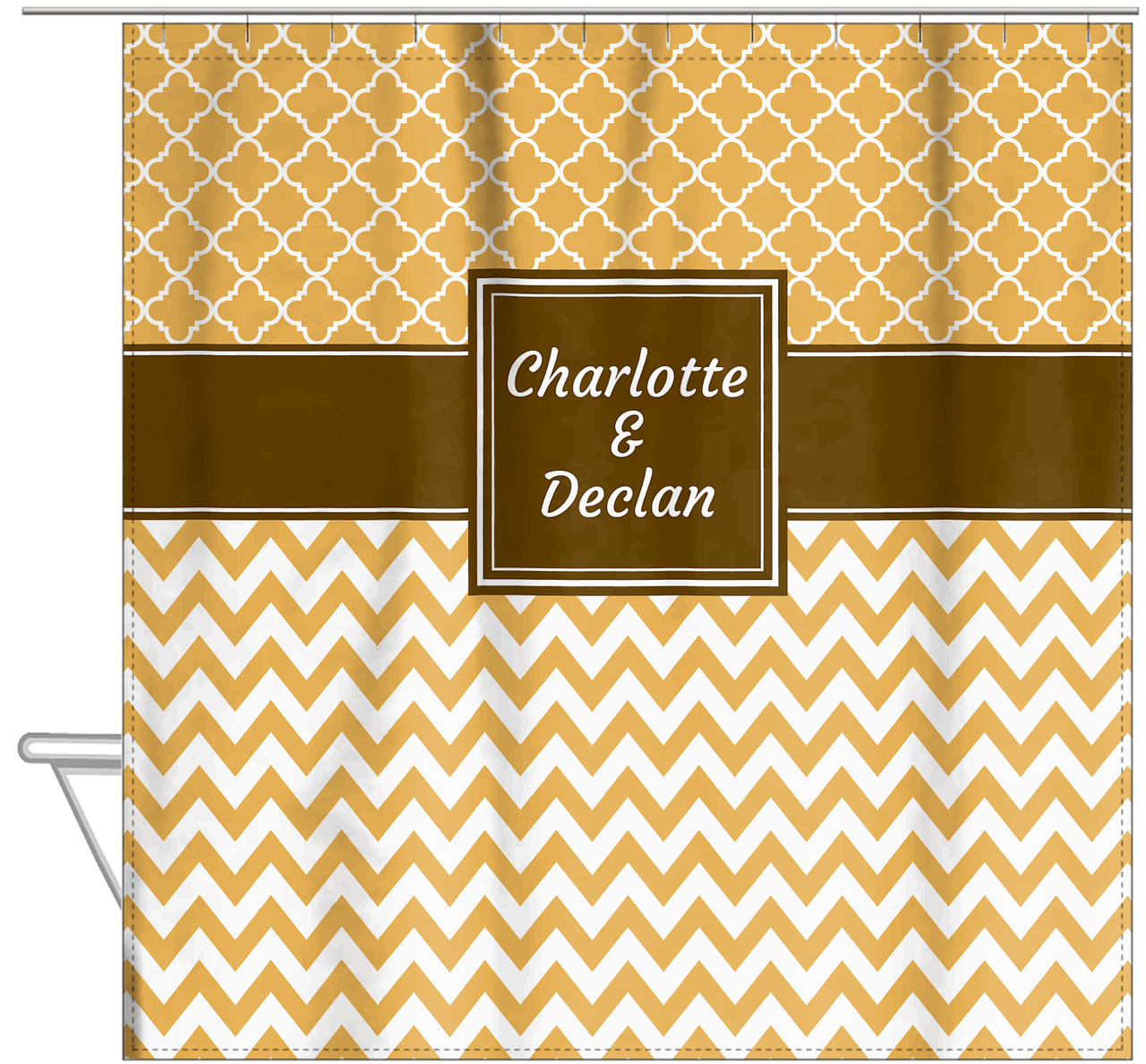 Personalized Quatrefoil and Chevron III Shower Curtain - Gold and Brown - Square Nameplate - Hanging View