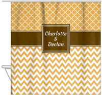 Thumbnail for Personalized Quatrefoil and Chevron III Shower Curtain - Gold and Brown - Square Nameplate - Hanging View
