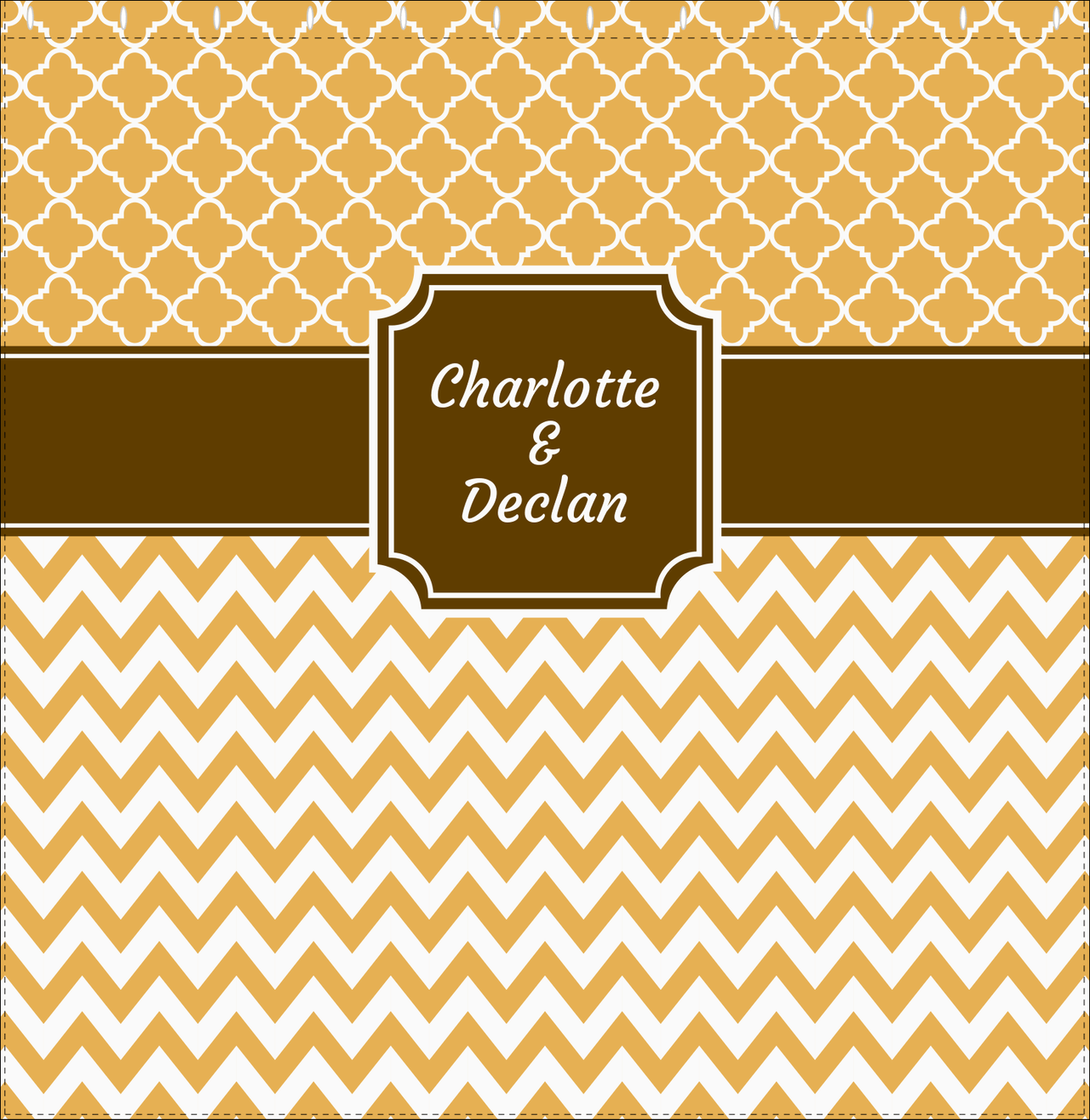 Personalized Quatrefoil and Chevron III Shower Curtain - Gold and Brown - Stamp Nameplate - Decorate View