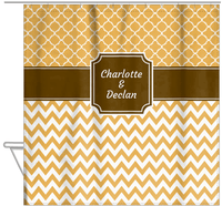 Thumbnail for Personalized Quatrefoil and Chevron III Shower Curtain - Gold and Brown - Stamp Nameplate - Hanging View
