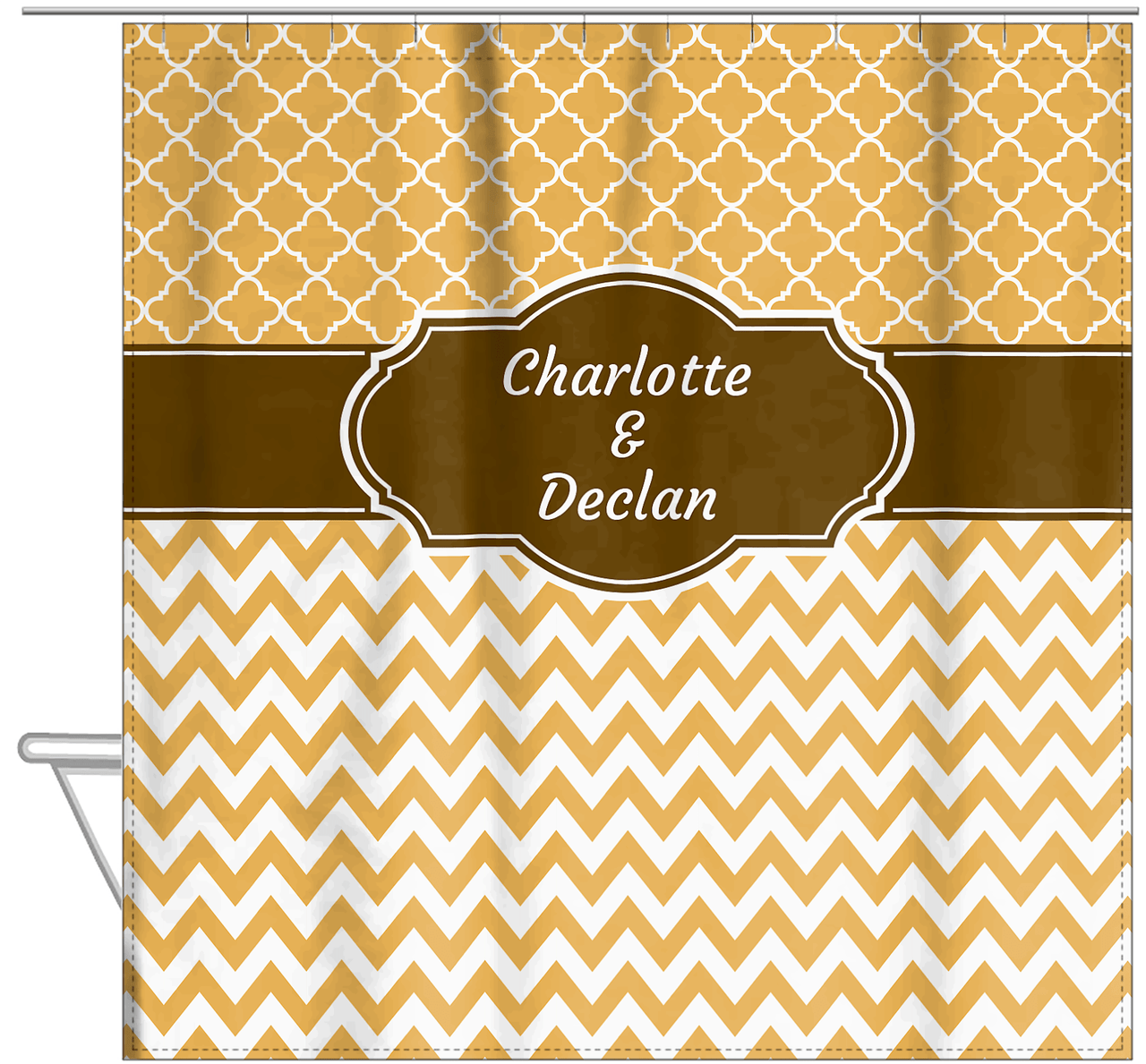 Personalized Quatrefoil and Chevron III Shower Curtain - Gold and Brown - Fancy Nameplate - Hanging View