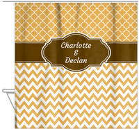 Thumbnail for Personalized Quatrefoil and Chevron III Shower Curtain - Gold and Brown - Fancy Nameplate - Hanging View