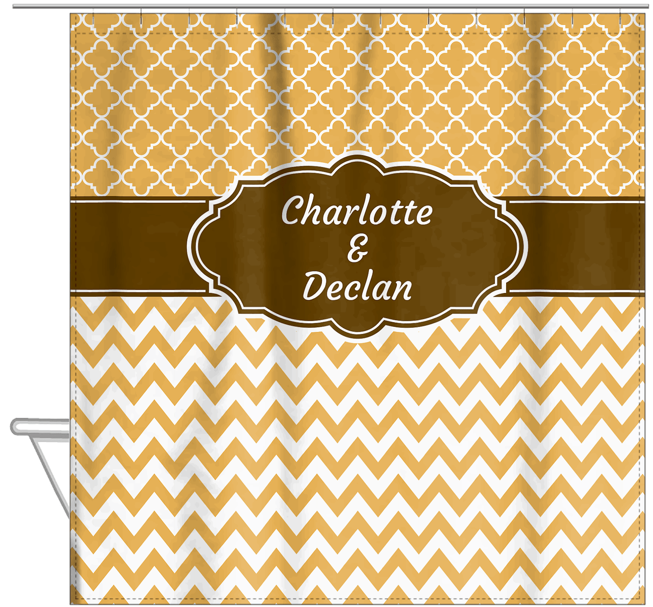Personalized Quatrefoil and Chevron III Shower Curtain - Gold and Brown - Fancy Nameplate II - Hanging View