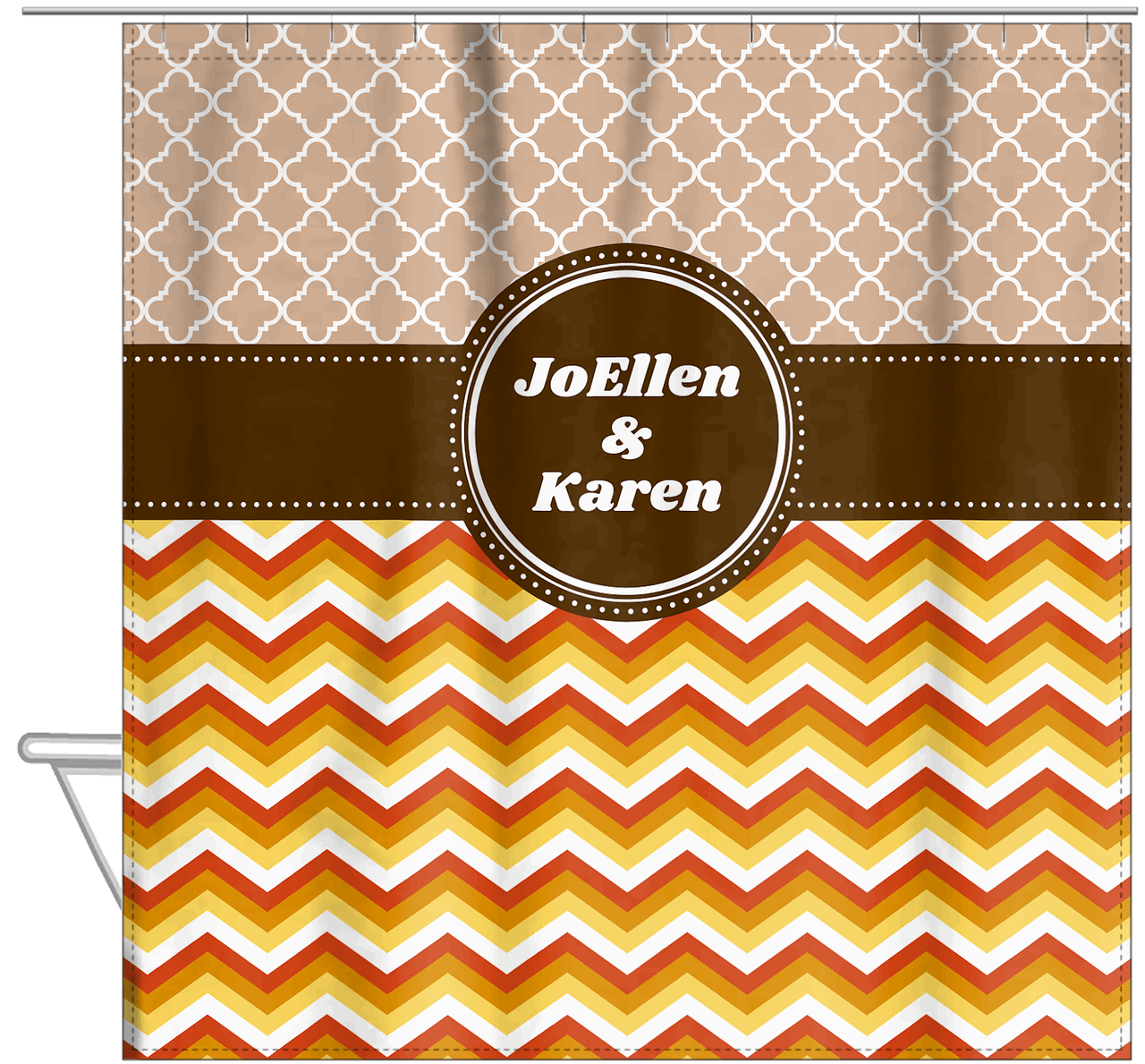 Personalized Quatrefoil and Chevron IV Shower Curtain - Brown and Orange - Circle Nameplate - Hanging View