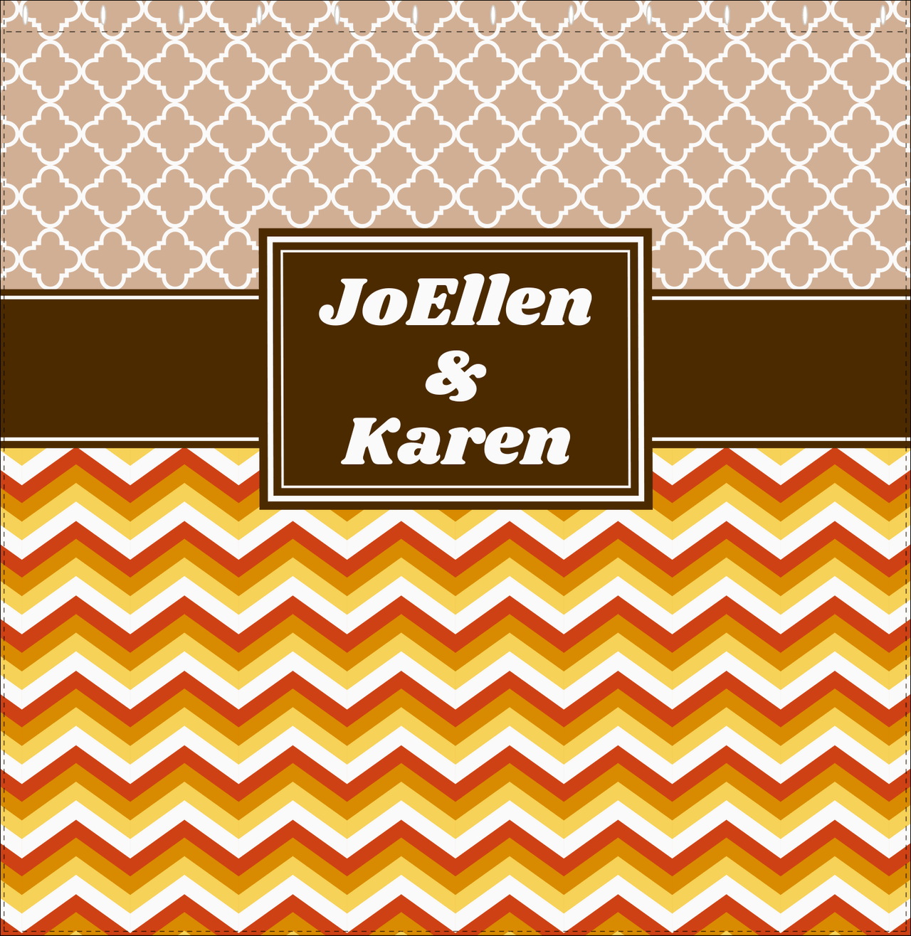 Personalized Quatrefoil and Chevron IV Shower Curtain - Brown and Orange - Rectangle Nameplate - Decorate View